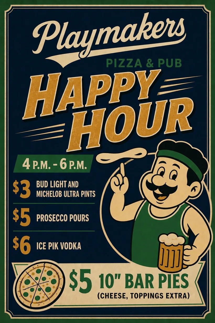 Playmakers Happy Hour, 4 to 6 PM. $3 Bud Light and Michelob Ultra pints, $5 Prosecco pours, $6 Ice Pik vodka, and $5 ten-inch cheese bar pies (toppings extra).