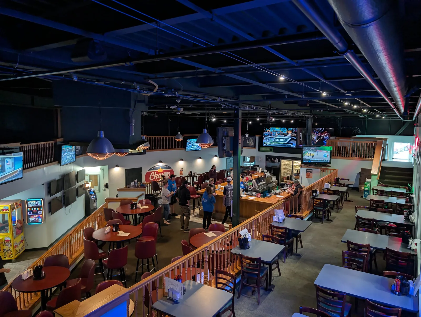 The Playmakers Pizza & Pub dining floor and bar, ready for a group